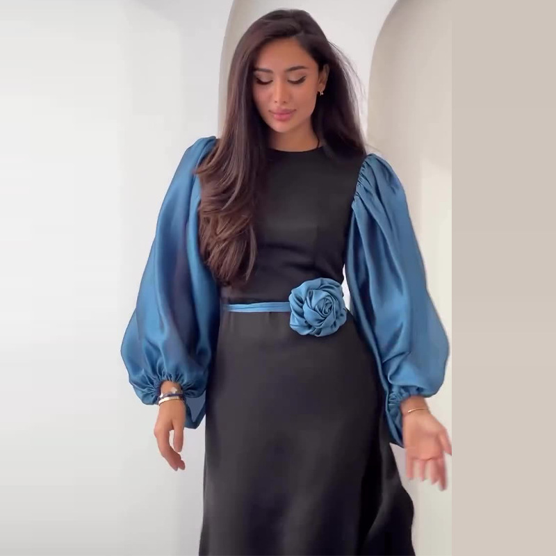 Mesh patchwork lantern sleeve dress