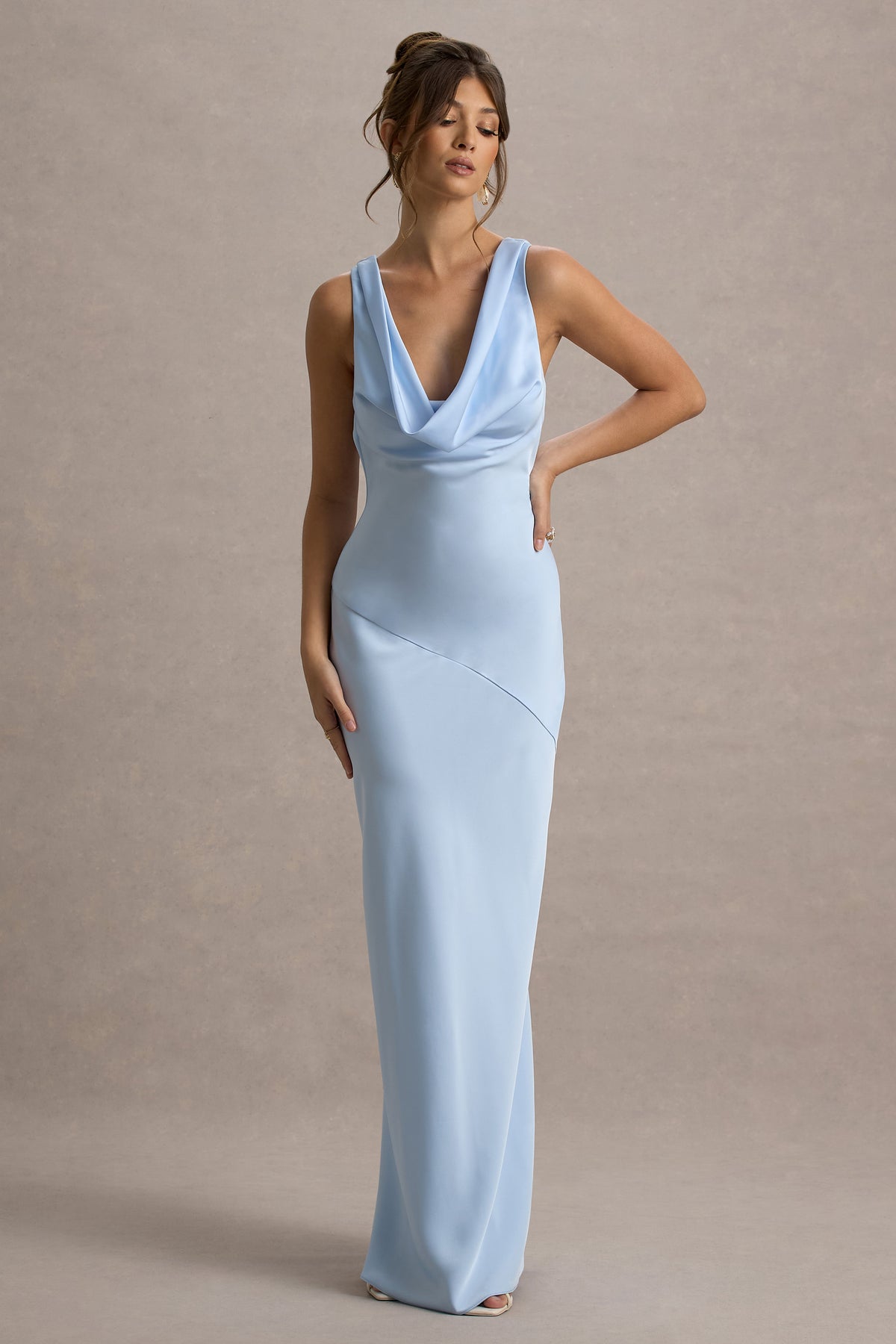 Lace-up satin high-neck maxi dress