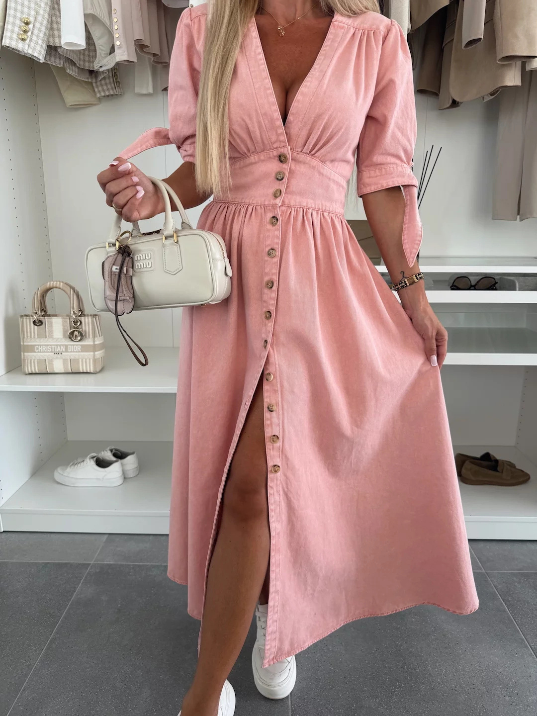 V-neck half sleeve button denim dress