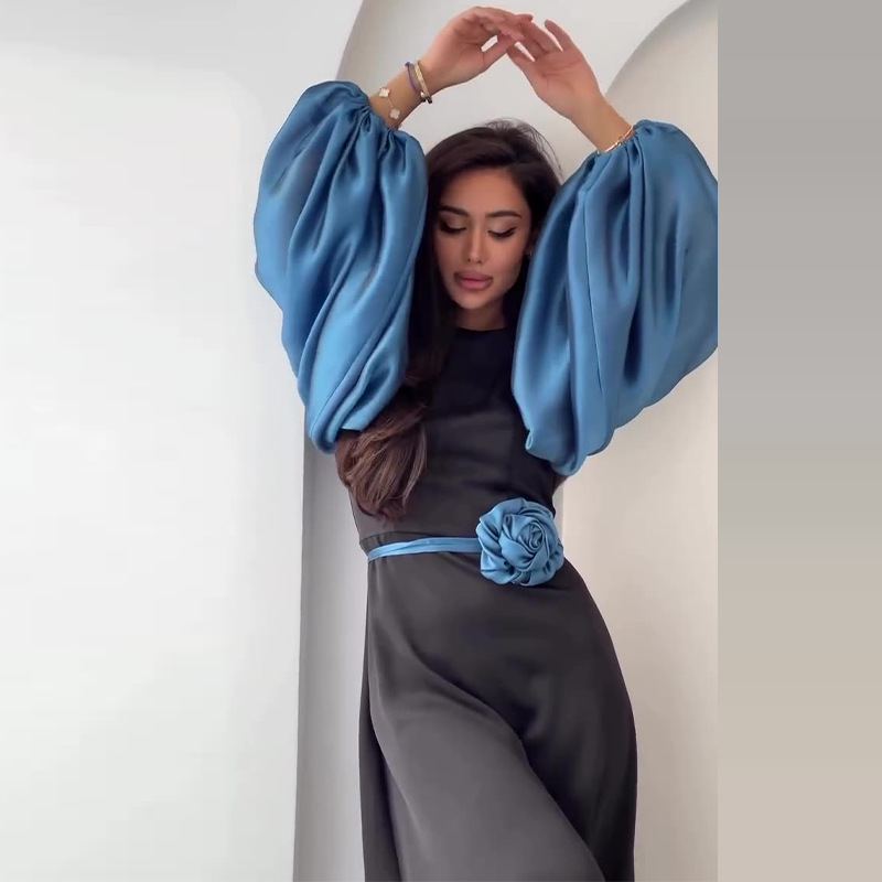 Mesh patchwork lantern sleeve dress